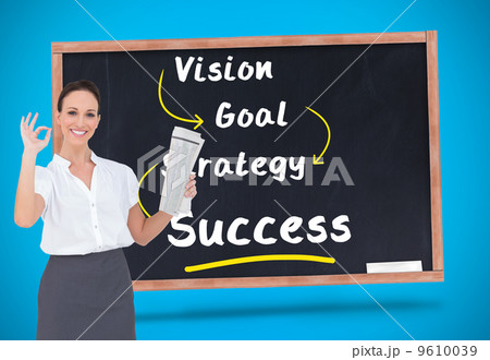 Composite image of stylish businesswoman making gesture while ho 9610039