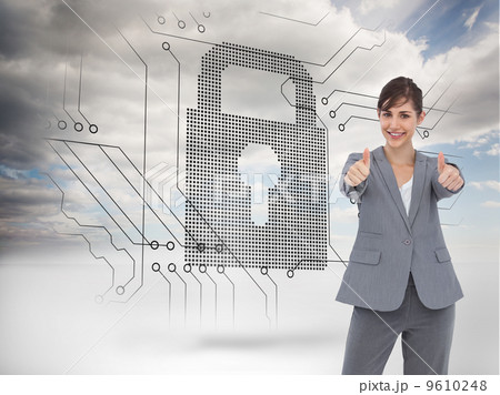Composite image of smiling businesswoman giving thumbs up Composite image of smiling businesswoman giving thumbs up 9610248