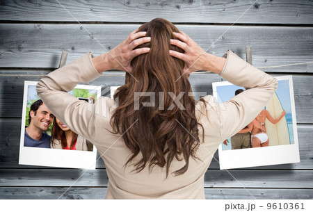 Composite image of young classy businesswoman with hands on head 9610361