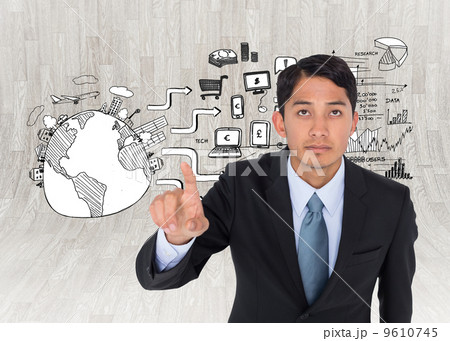 Composite image of unsmiling asian businessman pointing 9610745