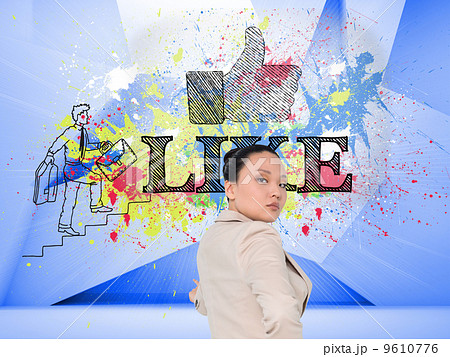 Composite image of unsmiling asian businesswoman pointing Composite image of unsmiling asian businesswoman pointing 9610776