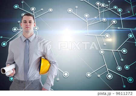 Composite image of architect carrying construction plans and hel Composite image of architect carrying construction plans and hel 9611272