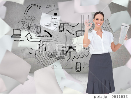Composite image of stylish businesswoman making gesture while ho 9611658