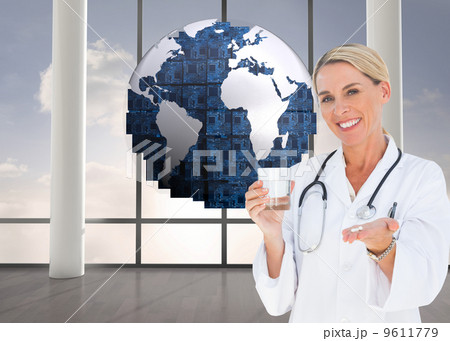 Composite image of happy doctor holding out pills and water glas 9611779