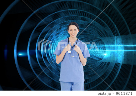 Composite image of smiling medical intern wearing a blue short-s 9611871