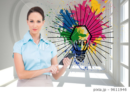 Composite image of serious classy businesswoman using calculator 9611946