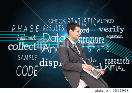 Composite image of businessman using laptop 9611948