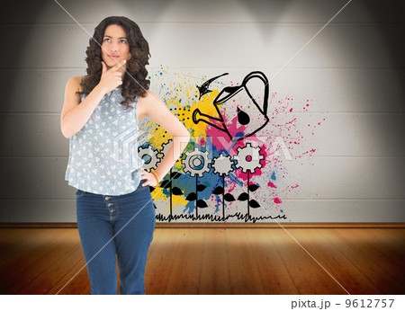 Composite image of thoughtful beautiful brunette posing Composite image of thoughtful beautiful brunette posing 9612757
