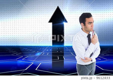 Composite image of unsmiling businessman holding glasses 9612833