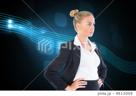 Composite image of businesswoman standing with hands on hips Composite image of businesswoman standing with hands on hips 9613009