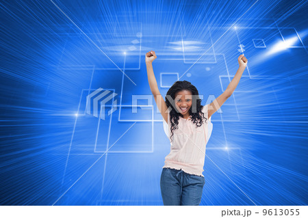 Composite image of a young happy woman stands with her hands in Composite image of a young happy woman stands with her hands in 9613055