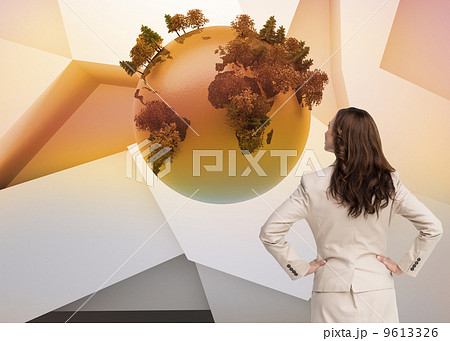 Composite image of businesswoman standing back to camera Composite image of businesswoman standing back to camera 9613326