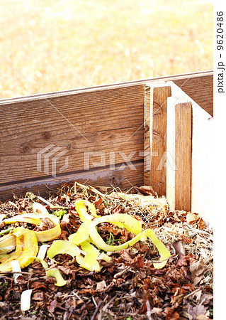 庭の堆肥槽で落ち葉や生ゴミを堆肥化 9620486