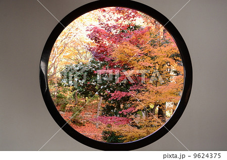 京都市北区にある源光庵の丸窓と紅葉の写真素材