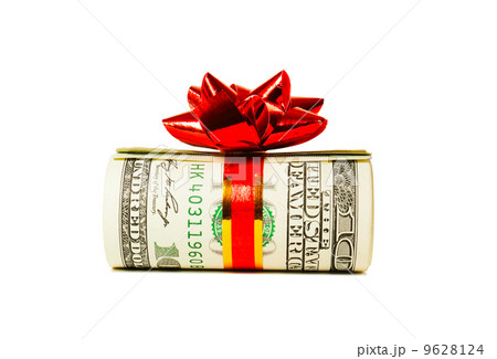 A wad of US one hundred dollar bills tied up with red ribbon 9628124