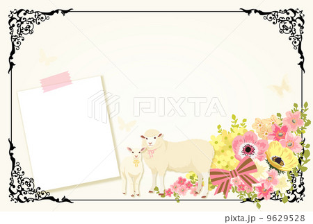 ヒツジの親子と花とレトロな額縁 9629528
