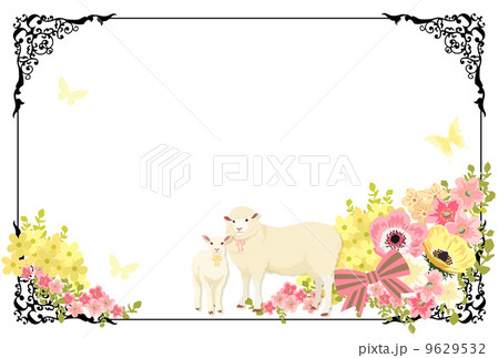 ヒツジの親子と花とレトロな額縁 9629532