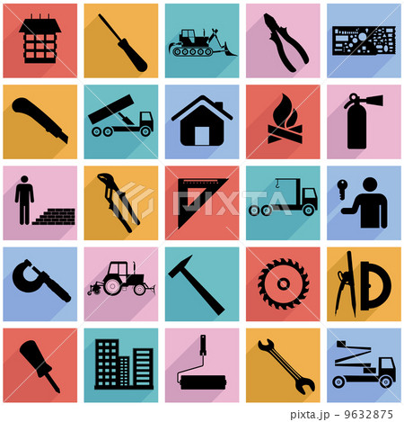 Collection flat icons with long shadow. Construction symbols. Ve 9632875
