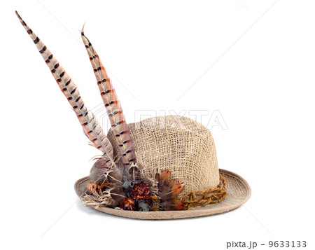 a hunting hat with pheasant feathers isolated on white backgroun a hunting hat with pheasant feathers isolated on white backgroun 9633133