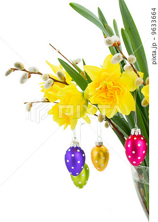 daffodil flowers with catkins and easter eggs daffodil flowers with catkins and easter eggs 9633664