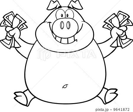 Black And White Smiling Rich Pig Jumping With Cash 9641872