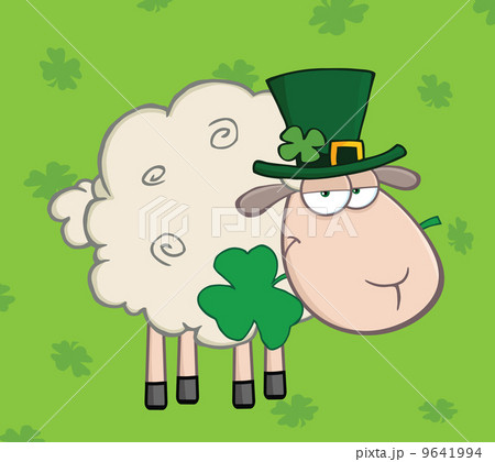 Irish Sheep Carrying A Clover In Its Mouth On A Green Background 9641994
