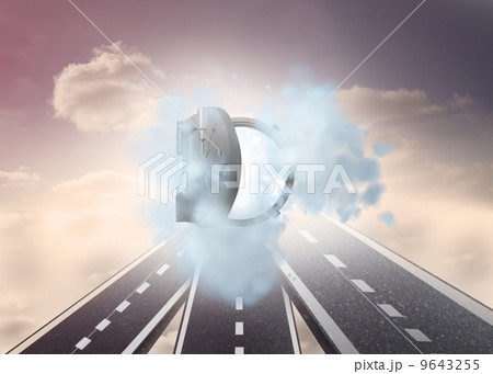 Open safe in dust cloud over streets in sky Open safe in dust cloud over streets in sky 9643255