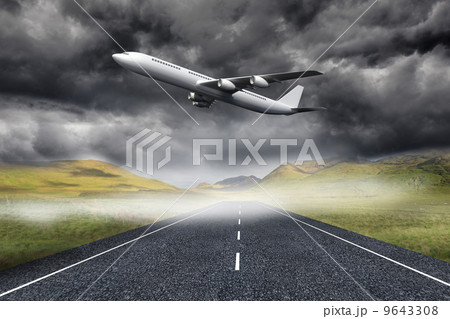 3D plane taking off over street 9643308