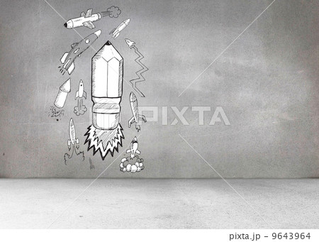 Grey wall with pencil rocket 9643964