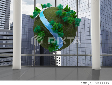 Earth floating in front of cityscape 9644145