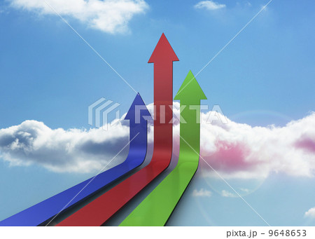 Colourful arrows pointing up against sky Colourful arrows pointing up against sky 9648653