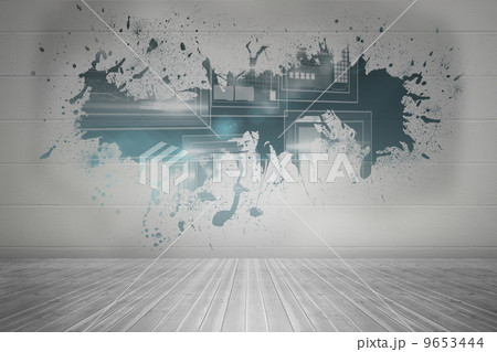 Splash on wall revealing technology interface 9653444