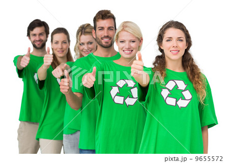 People in recycling symbol t-shirts gesturing thumbs up 9655572