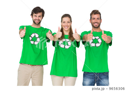 People in recycling symbol t-shirts gesturing thumbs up 9656306