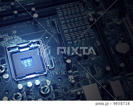 PC motherboard closeup, blue tone PC motherboard closeup, blue tone 9658718