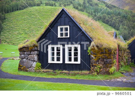 Overgrown Typical Rural Icelandic house at overcast day 9660501