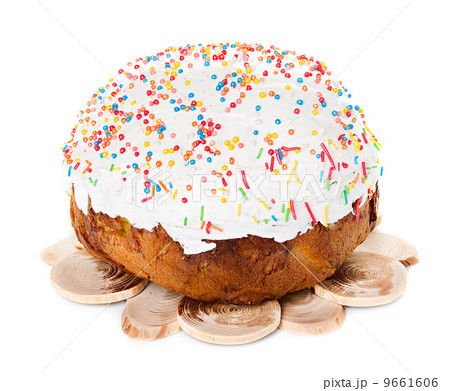 Easter cake with glace icing on white background 9661606