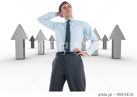 Composite image of thinking businessman with hand on head 9663816