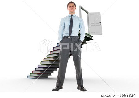 Composite image of happy businessman standing with hands in pock Composite image of happy businessman standing with hands in pock 9663824