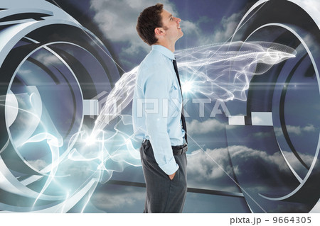 Composite image of happy businessman standing with hand in pocke 9664305