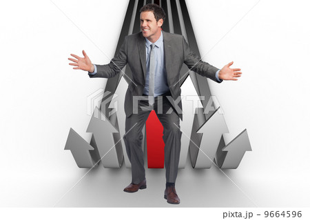 Composite image of businessman standing with arms out Composite image of businessman standing with arms out 9664596