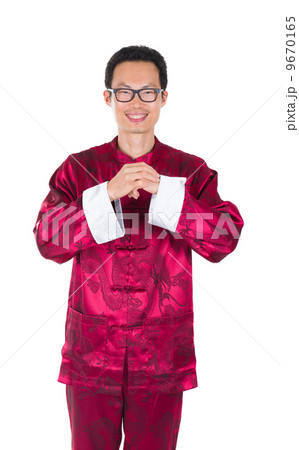 chinese man in traditional suit in chinese greeted isolated in w 9670165
