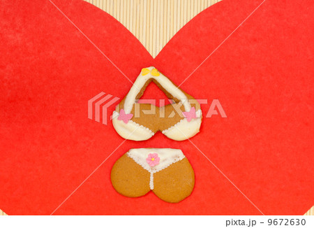 Bikini underwear shape gingerbread cake cookie red heart love symbol Bikini underwear shape gingerbread cake cookie red heart love symbol 9672630
