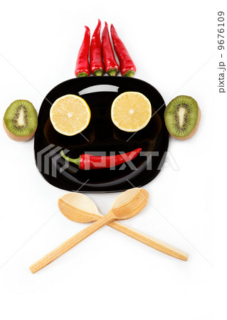 Fresh fruits and red hot chili pepper, isolated on a white backg Fresh fruits and red hot chili pepper, isolated on a white backg 9676109