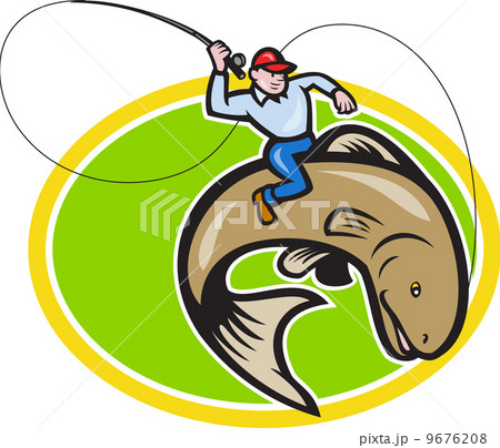 Fly Fisherman Riding Trout Fish Cartoon 9676208