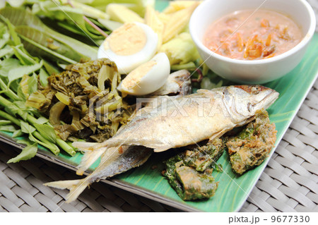 Fried Mackerel fish,chili sauce and fried vegetable 9677330