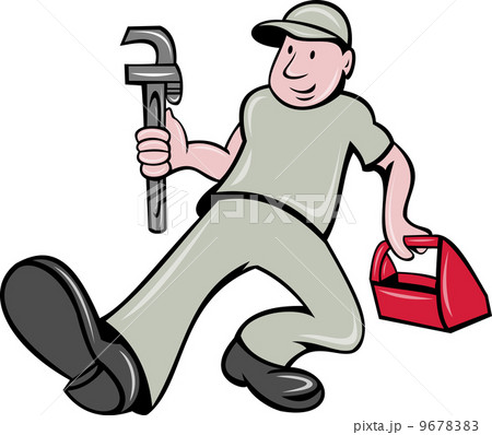 plumber with monkey wrench and toolbox 9678383