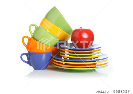 Kitchen utensils, plates and cups on a white background 9688537