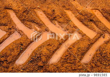 Tractor trail closeup on the muddy ground  after rain 9691565
