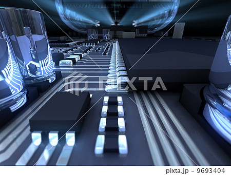 Circuit board and fan on radiator on background, front and background out of focus Circuit board and fan on radiator on background, front and background out of focus 9693404